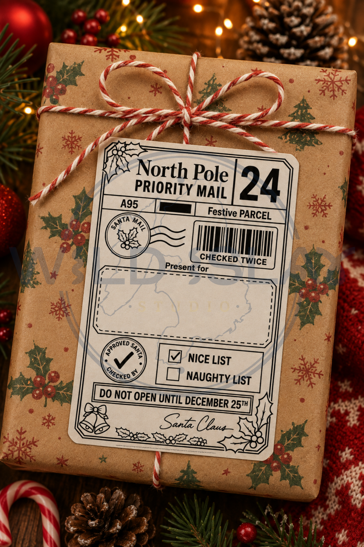 Christmas North Pole Priority Mail gift postage label with holly and festive details – Design 04