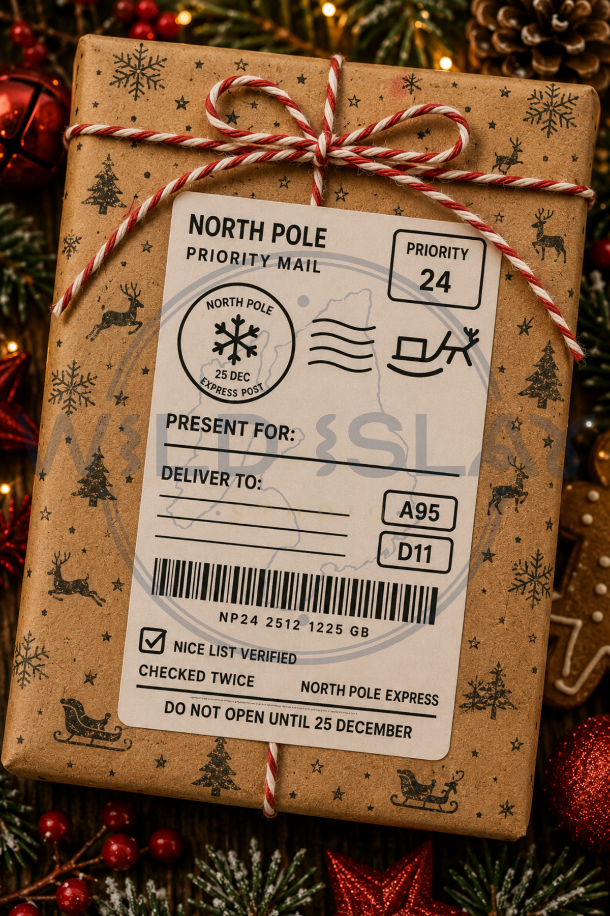 Christmas North Pole Priority Mail gift postage label with reindeer and snowflakes – Design 08