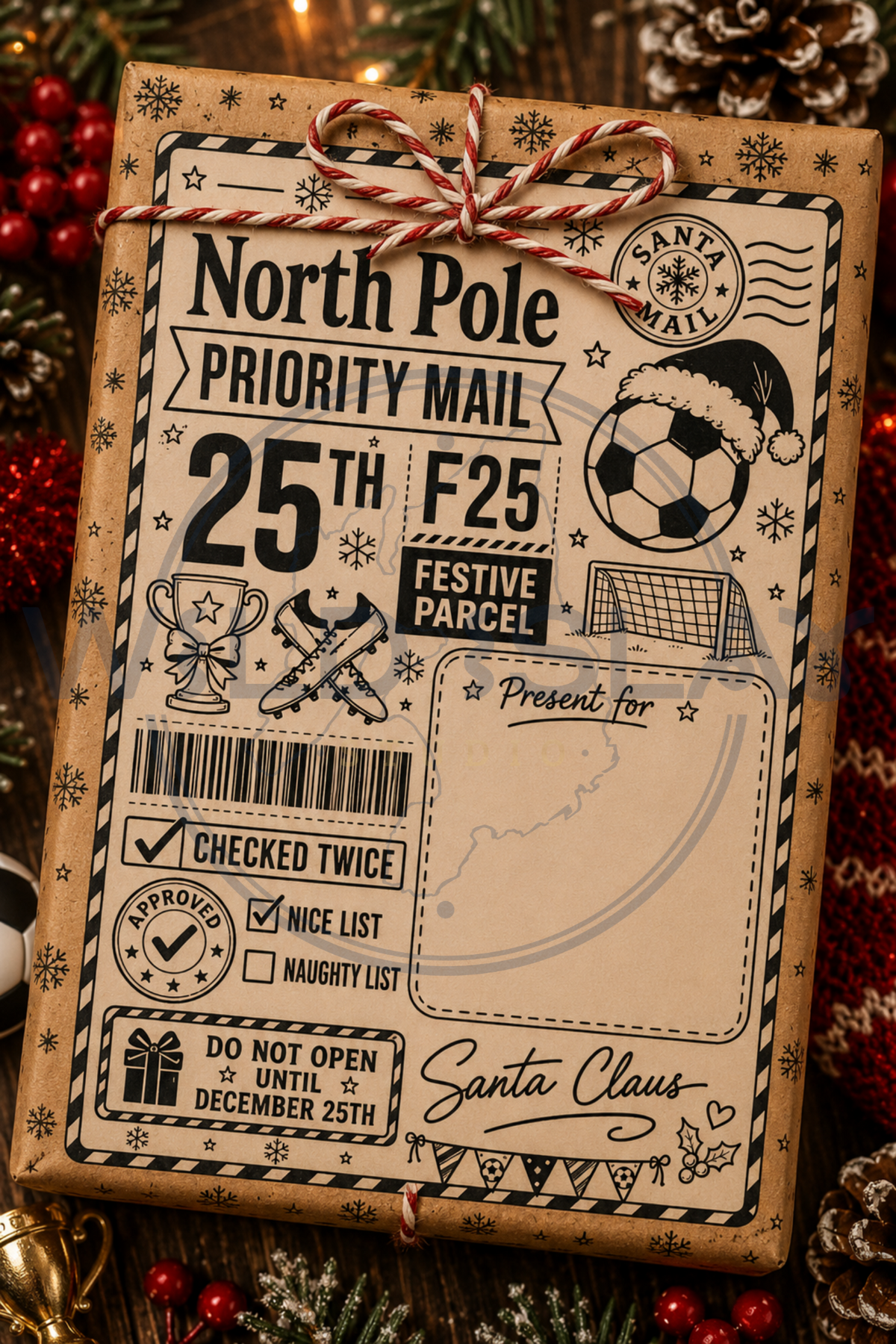 Christmas North Pole Priority Mail football themed gift postage label – Design 13