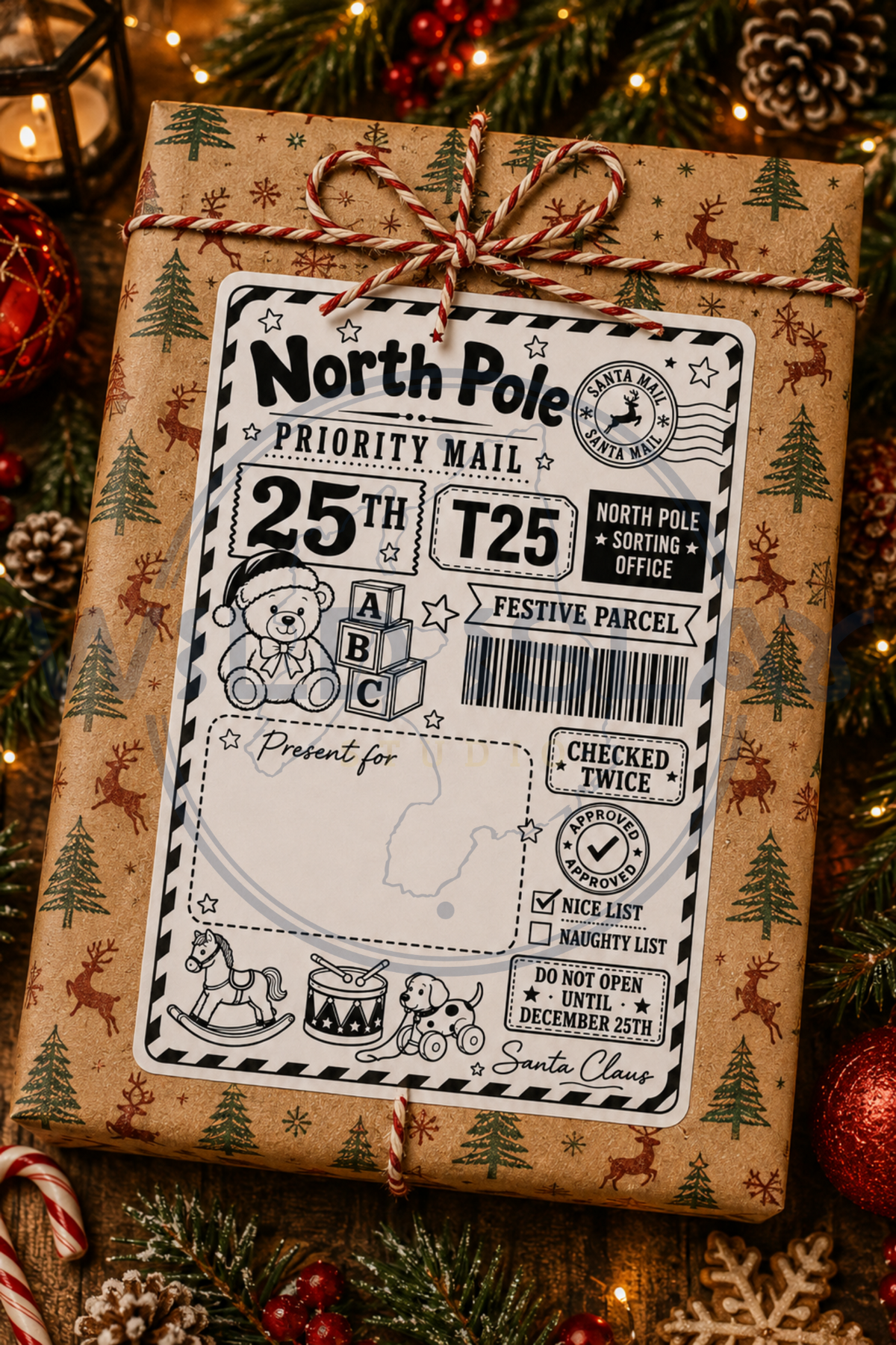 Christmas North Pole Priority Mail teddy bear gift postage label – Design 14