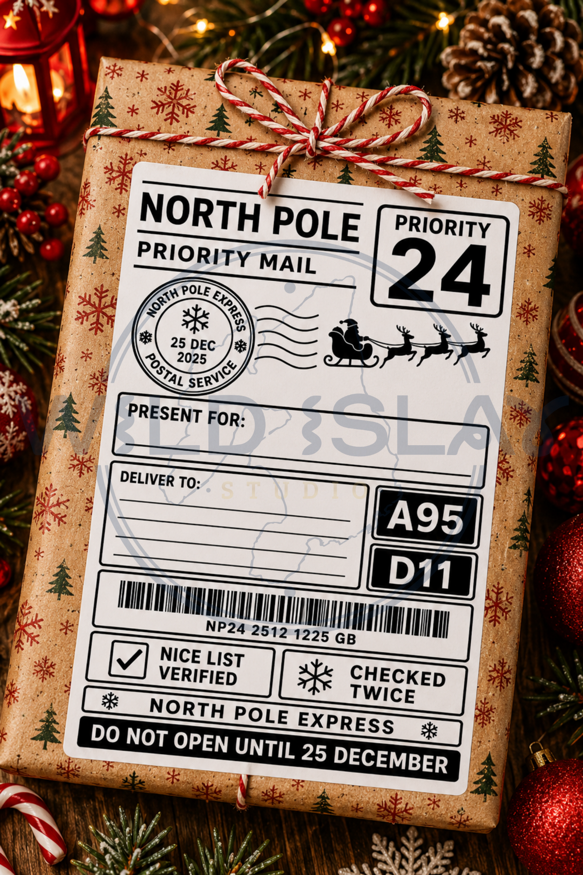 Christmas North Pole Priority Mail Santa sleigh gift postage label – Design 15