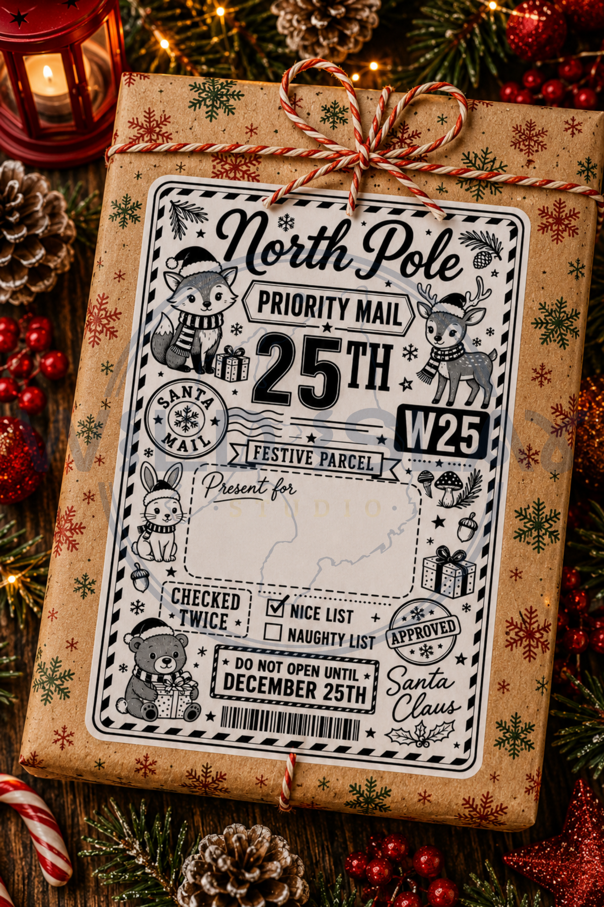 Christmas North Pole Priority Mail festive gift postage label with woodland animals – Design 18