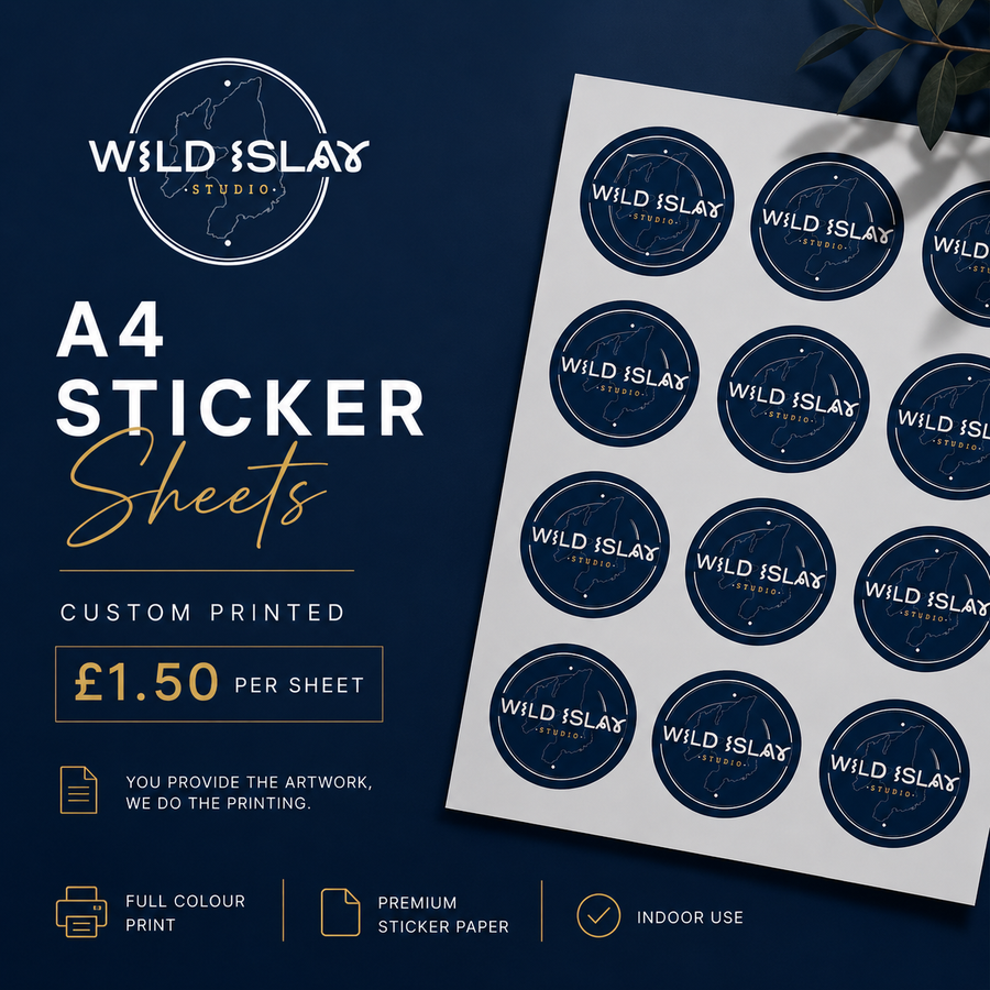 Custom A4 sticker sheet printed by Wild Islay Studio