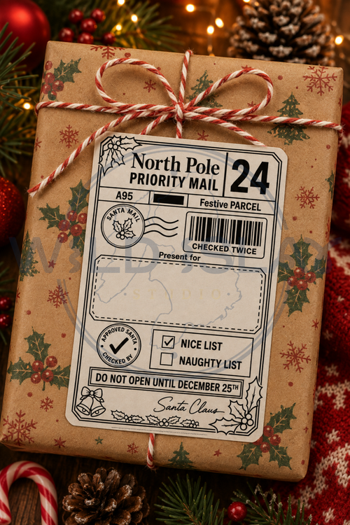 Christmas North Pole Priority Mail gift postage label with holly and festive details – Design 04