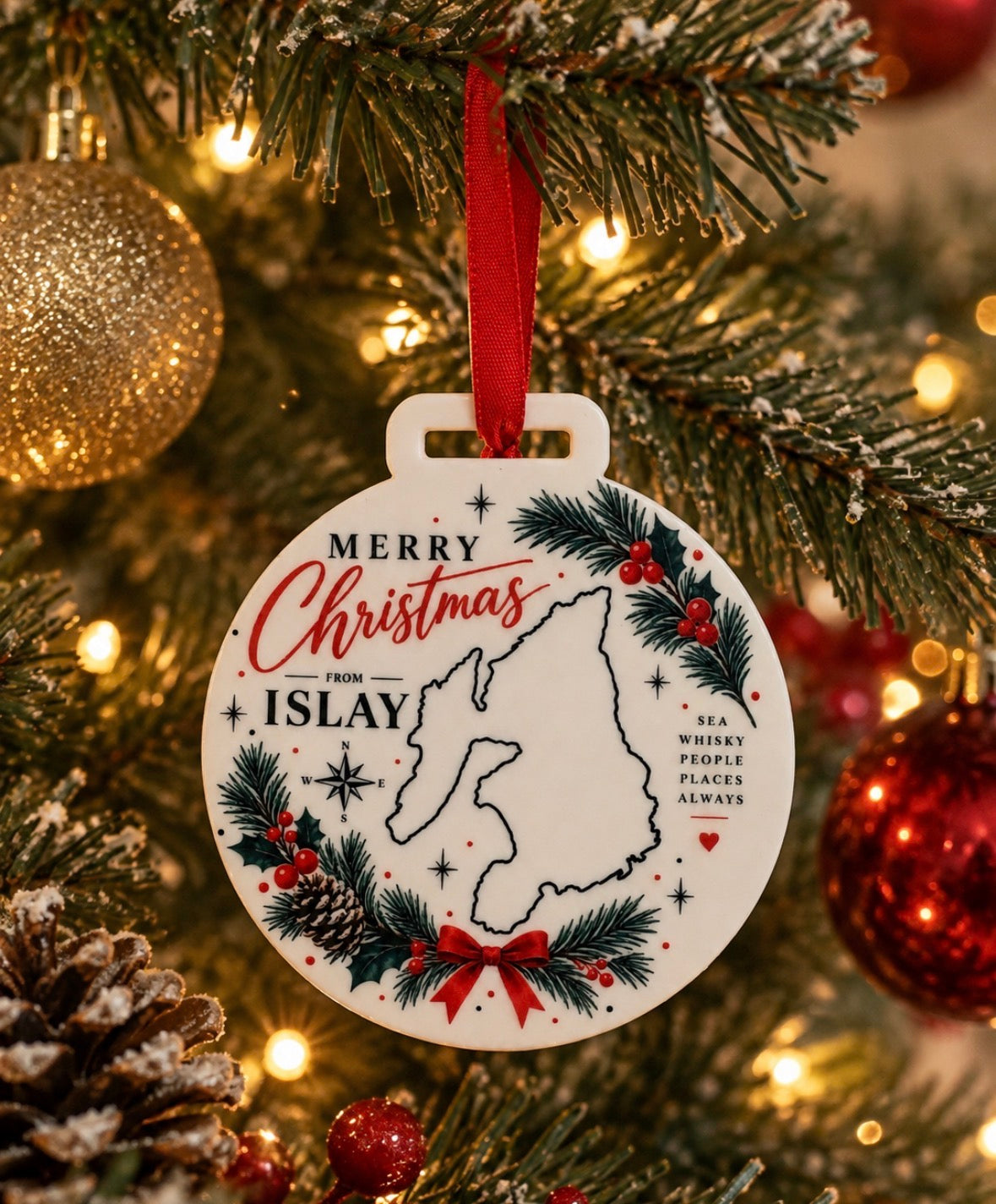 Merry Christmas From Islay Christmas bauble hanging on a tree